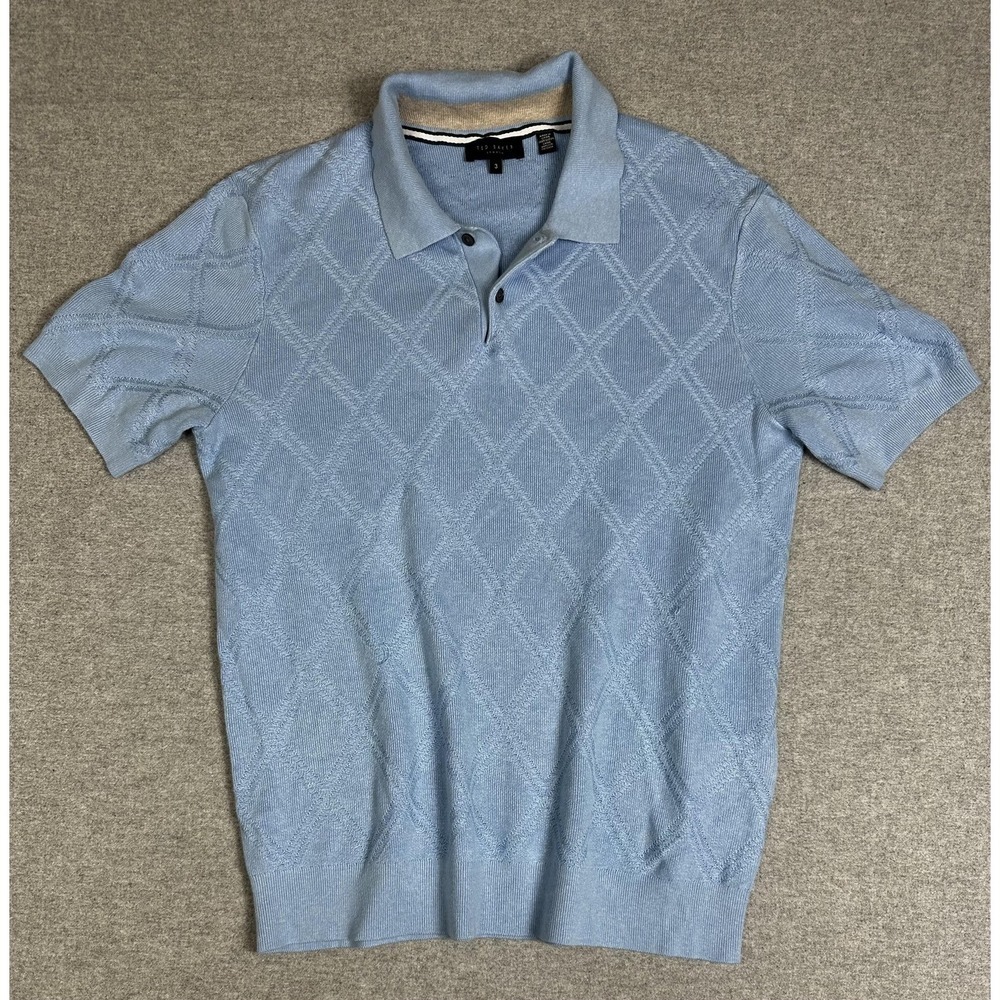 Ted Baker Shirt Mens Medium Blue Argyle Knit Linen Viscose Ventar Arthur Spooner